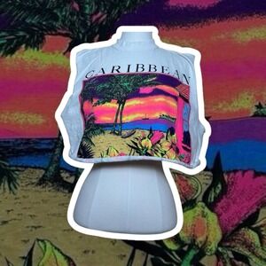 Vintage Caribbean Graphic Crop Top Sleeveless White Multicolor Neon 80's Retro